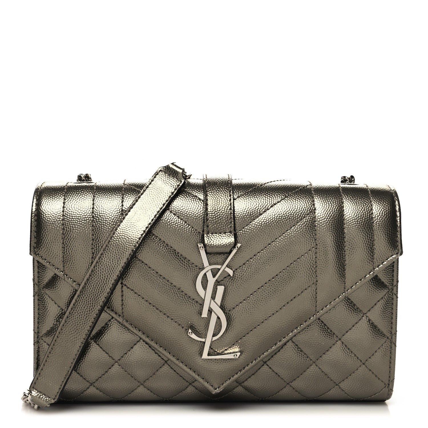Saint Laurent Metallic Grain De Poudre Textured Mixed Matelasse Triquilt Small Monogram Satchel Piombo 1 of 9