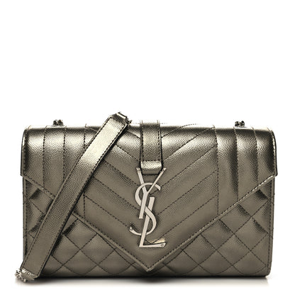 Saint Laurent Metallic Grain De Poudre Textured Mixed Matelasse Triquilt Small Monogram Satchel Piombo 1 of 9