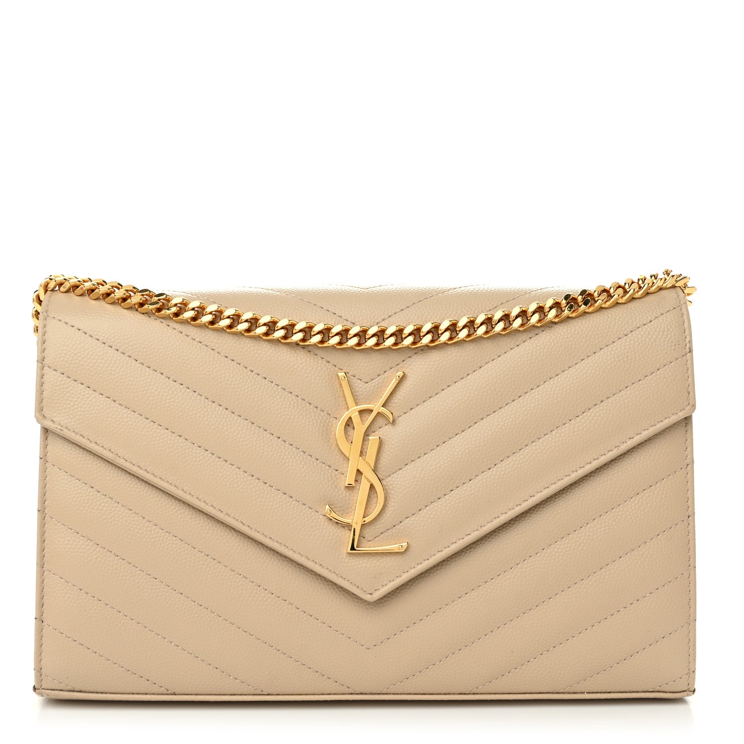 Saint Laurent Grain De Poudre Matelasse Chevron Monogram Chain Wallet Dark Beige 1 of 11