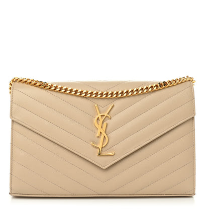 Saint Laurent Grain De Poudre Matelasse Chevron Monogram Chain Wallet Dark Beige 1 of 11