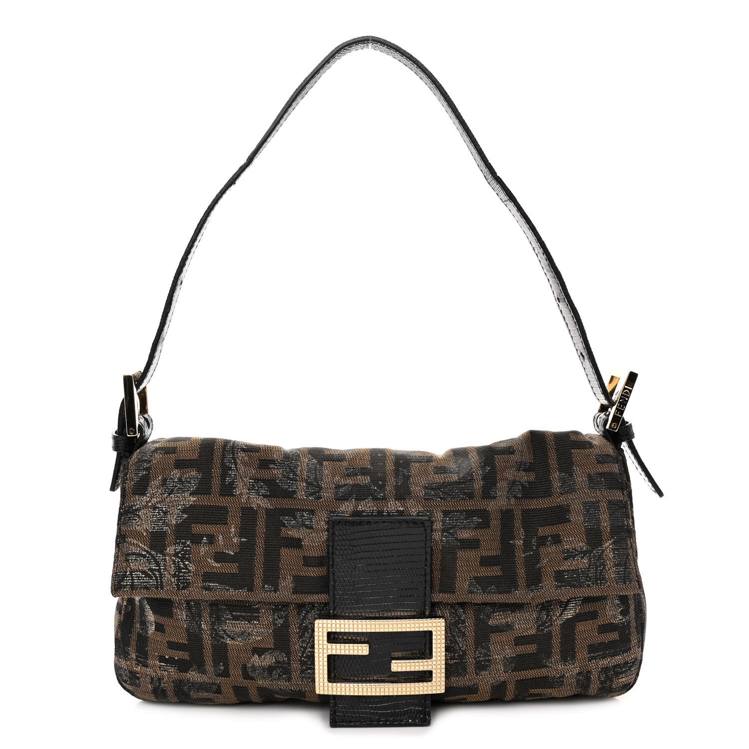 Fendi Zucca Lizard Floral Print Baguette Tobacco 1 of 8