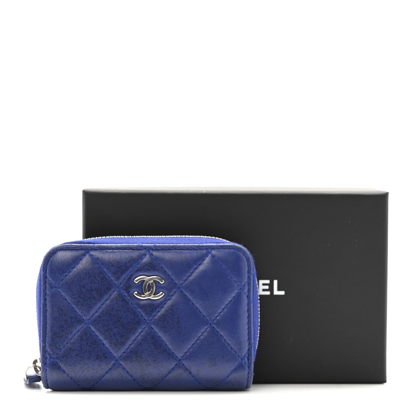 Lambskin Quilted Zip Around Coin Purse Wallet Blue