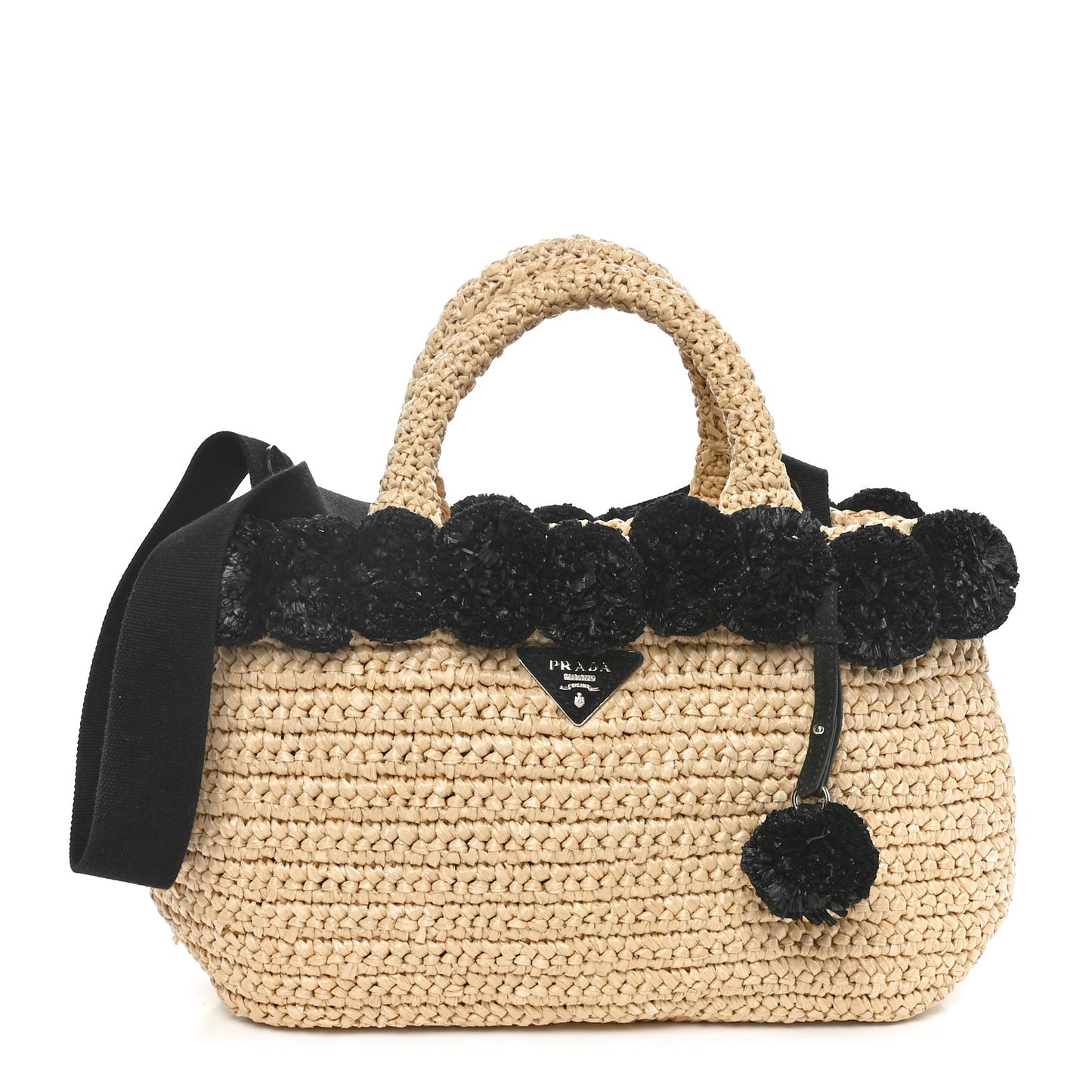 Raffia Crochet Giardiniera Pom Pom Tote Naturale Black