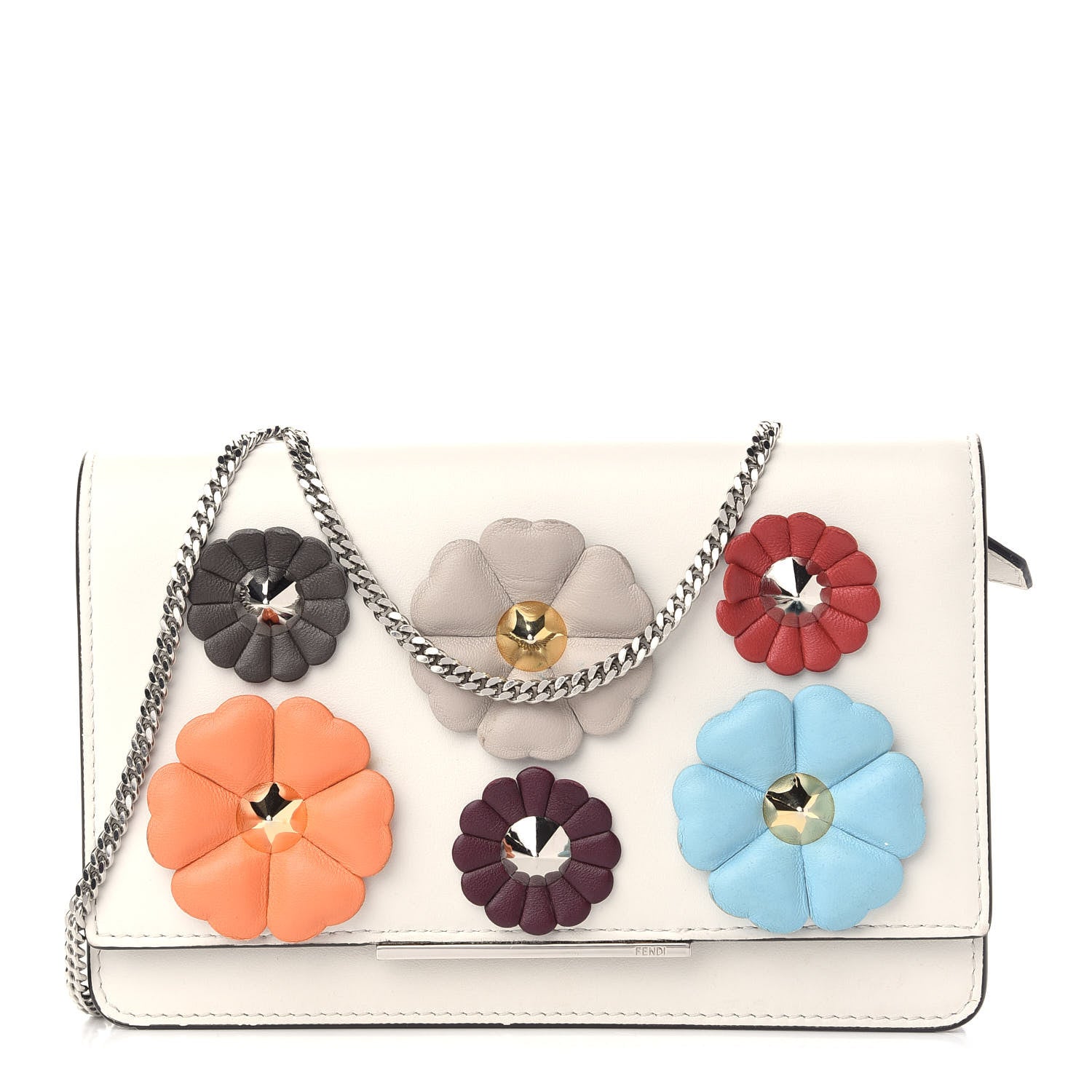 Fendi Vitello Century Lucido Nappa Flowerland Studded Tube Wallet On Chain White Ice Multicolor 1 of 10