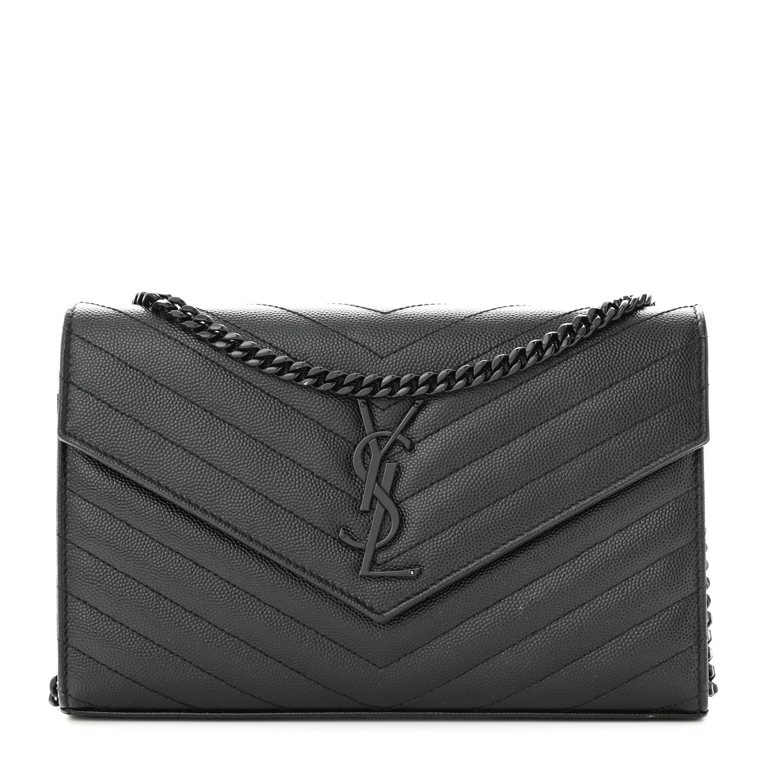 Saint Laurent Grain De Poudre Matelasse Chevron Monogram Monochrome Chain Wallet Black 1 of 10
