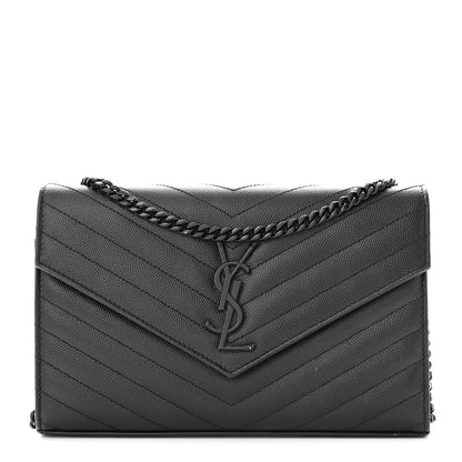 Saint Laurent Grain De Poudre Matelasse Chevron Monogram Monochrome Chain Wallet Black 1 of 10