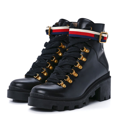 Gucci Calfskin Sylvie Web Womens Lace Up Combat Boots 37.5 Black 3 of 8