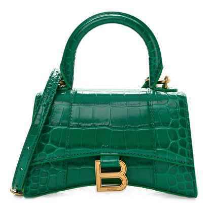 Balenciaga Shiny Calfskin Crocodile Embossed Hourglass Top Handle Bag XS Jade 1 of 10