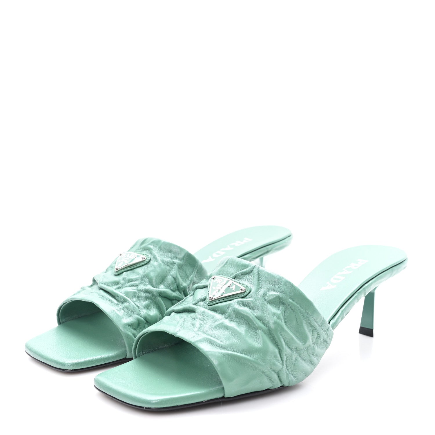 Prada Nappa Antique Metal Triangle Logo 55mm Slide Sandals 40 Salvia 4 of 9