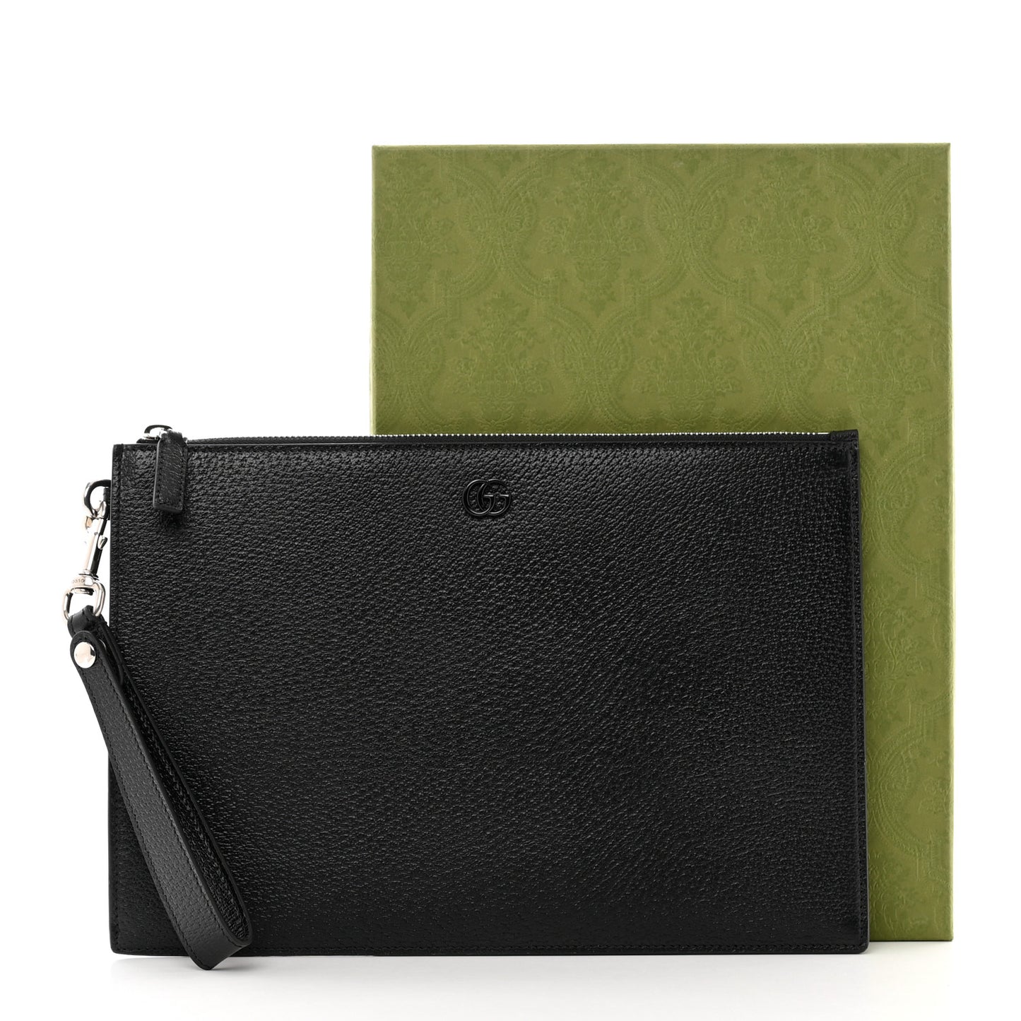 Textured Dollar Calfskin Enamel GG Marmont Zip Pouch Black