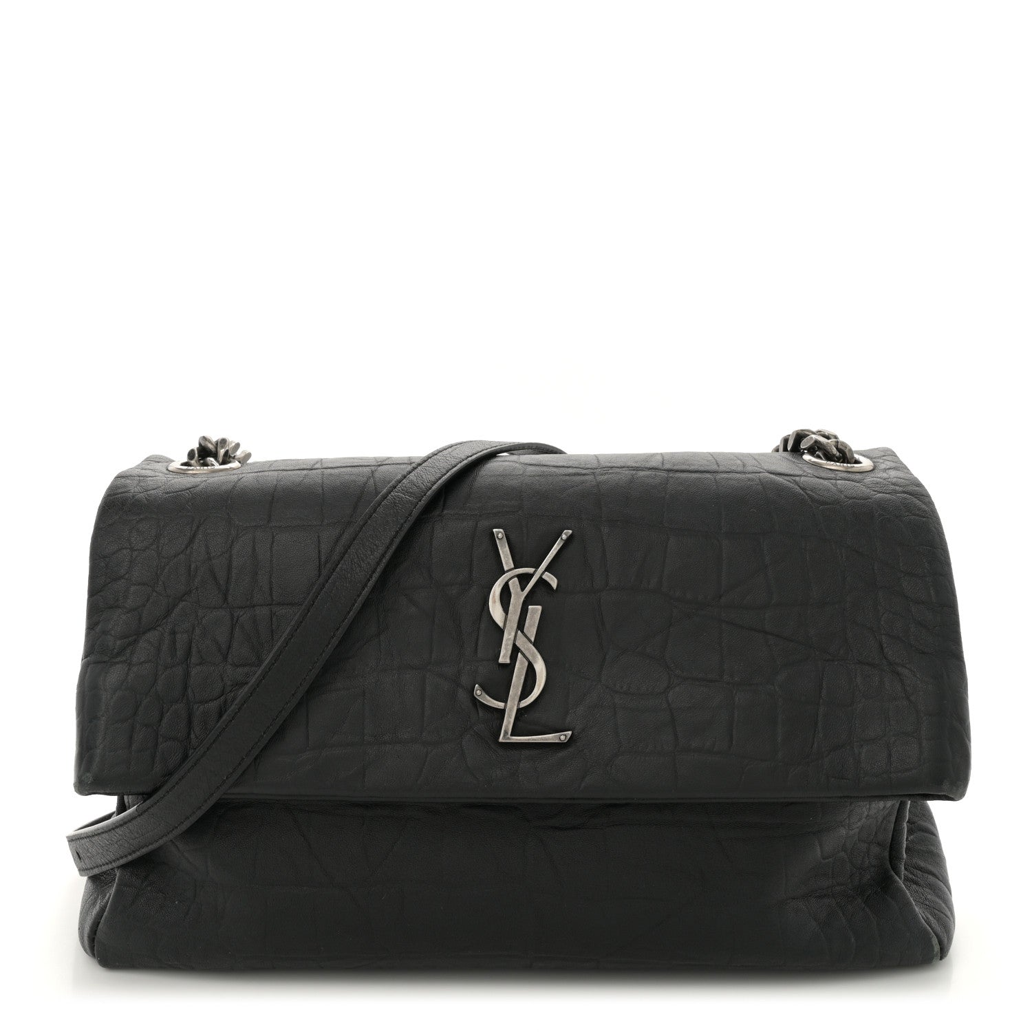 Saint Laurent Calfskin Crocodile Embossed Medium West Hollywood Monogram Fold-Over Black 1 of 11