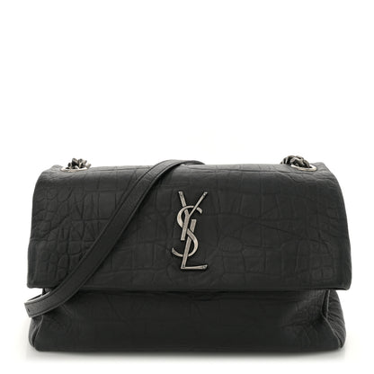 Saint Laurent Calfskin Crocodile Embossed Medium West Hollywood Monogram Fold-Over Black 1 of 11
