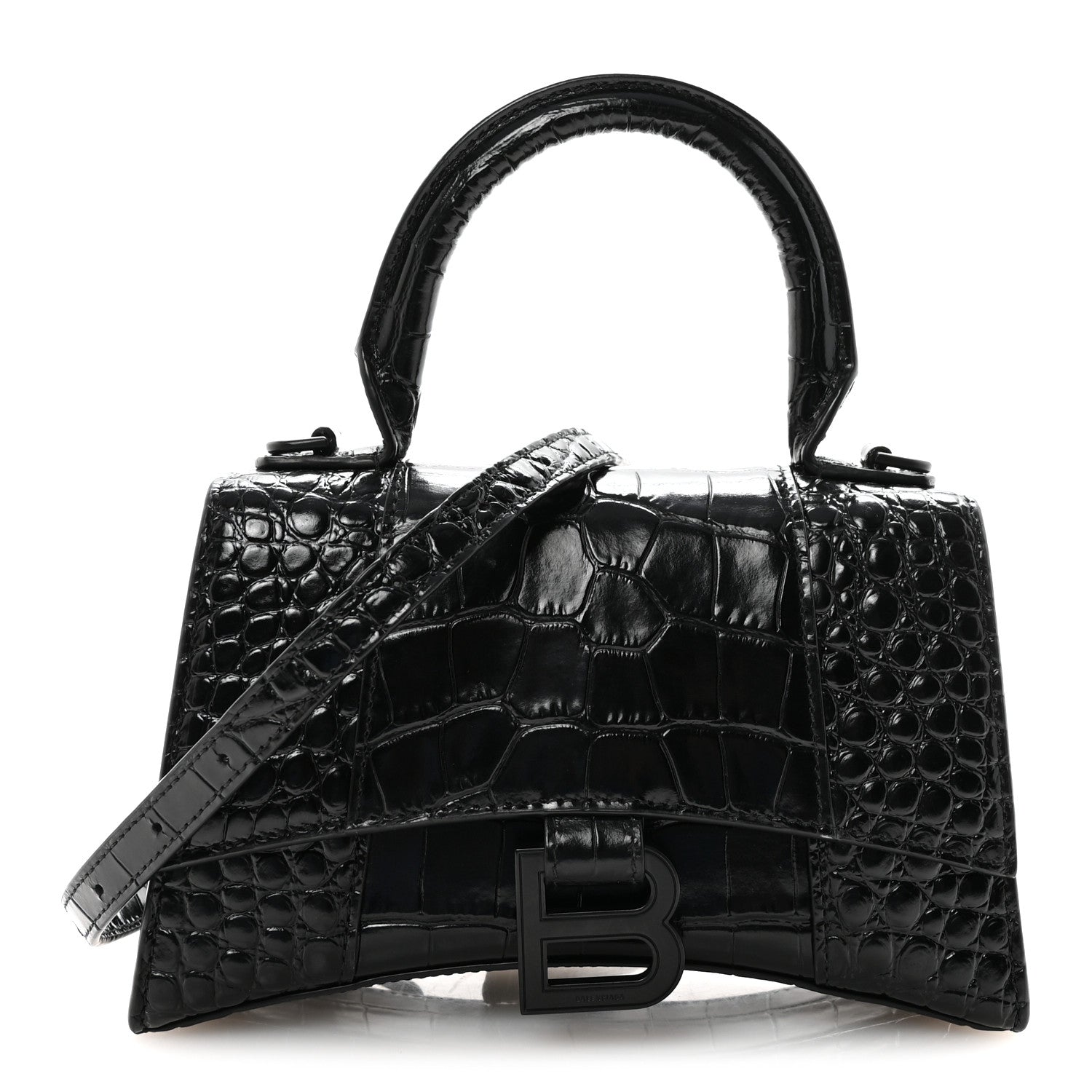 Balenciaga Shiny Calfskin Monochrome Crocodile Embossed Hourglass Top Handle Bag XS Black 1 of 9