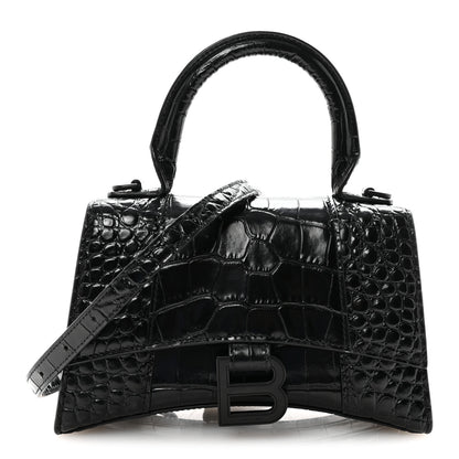 Balenciaga Shiny Calfskin Monochrome Crocodile Embossed Hourglass Top Handle Bag XS Black 1 of 9