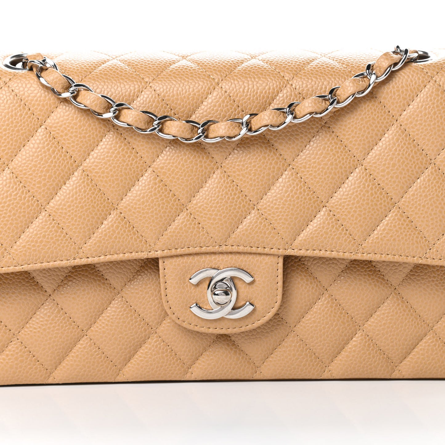 Caviar Quilted Medium Double Flap Beige