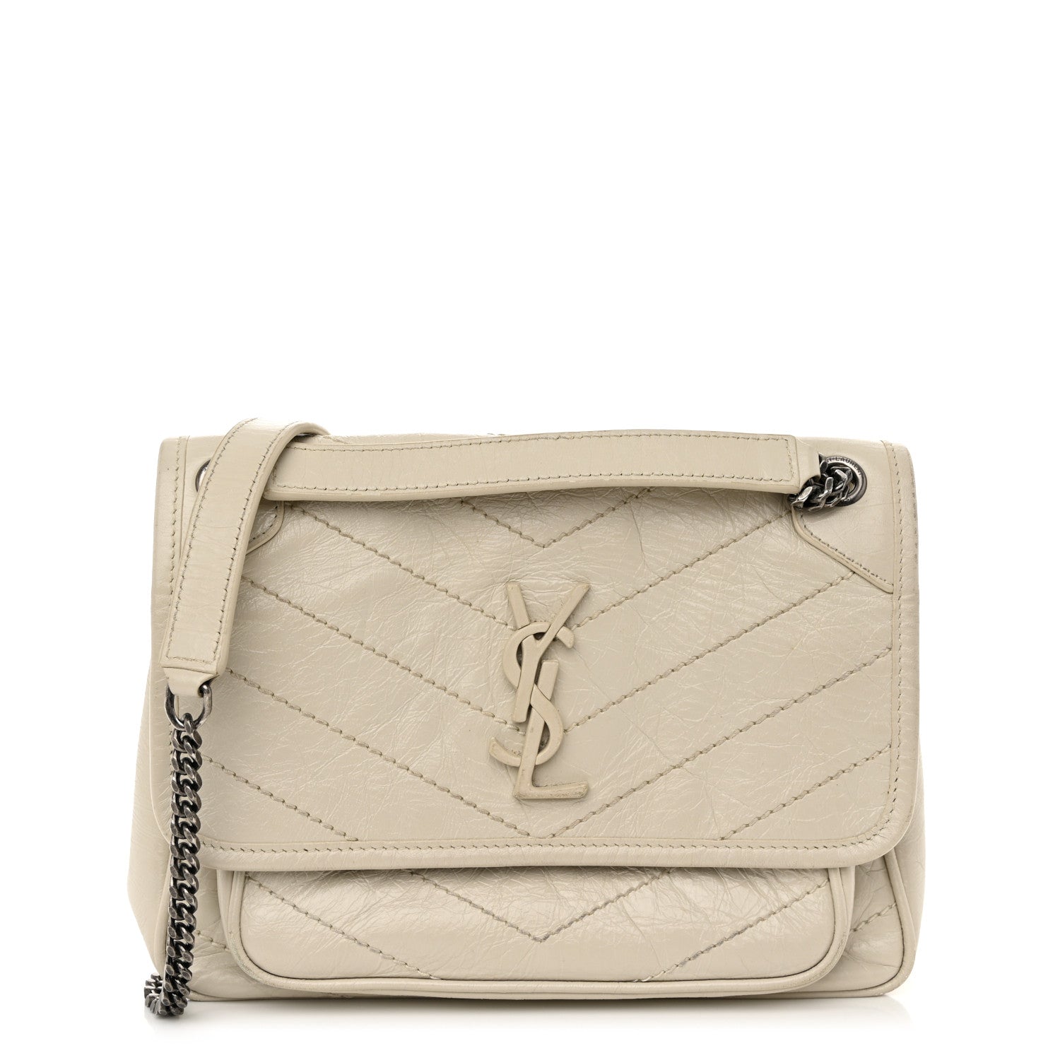 Saint Laurent Crinkled Calfskin Matelasse Monogram Baby Niki Chain Satchel Blanc Vintage 1 of 9