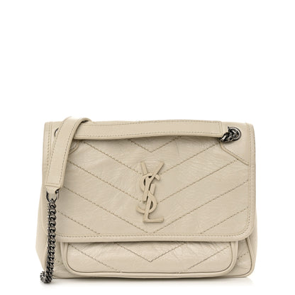 Saint Laurent Crinkled Calfskin Matelasse Monogram Baby Niki Chain Satchel Blanc Vintage 1 of 9