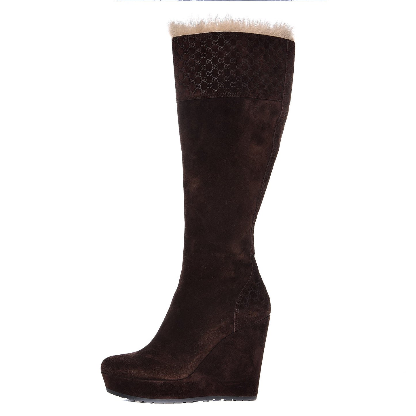 Suede Shearling Fur Microguccissima Courtney Tall Wedge Boots 38 Cocoa