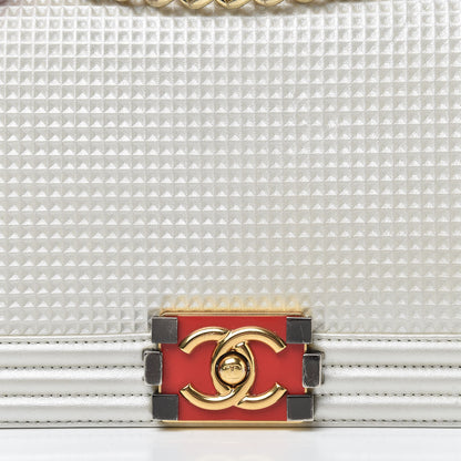 Chanel Lambskin Embossed Medium Boy Cube Flap White Red 8 of 17