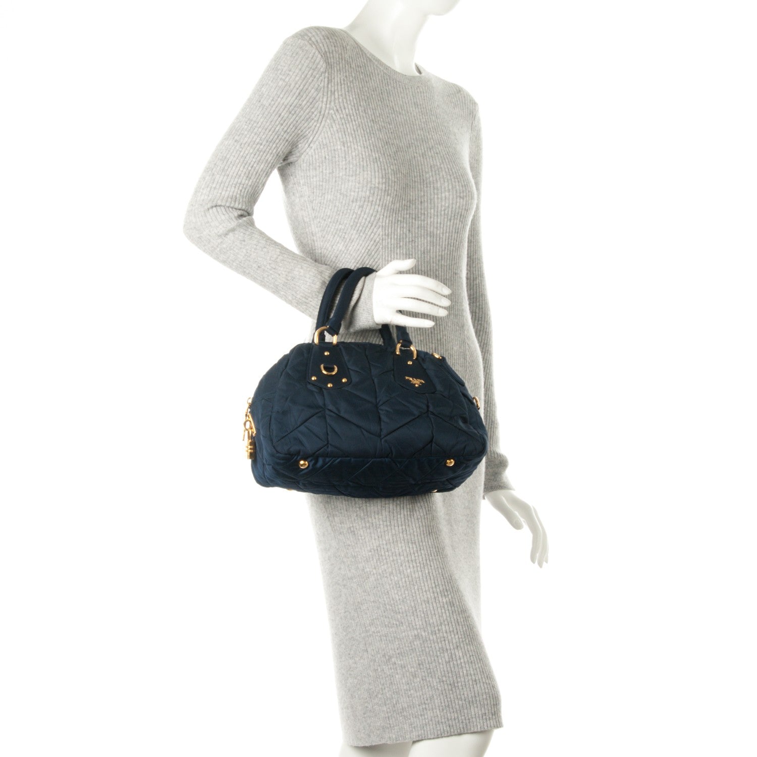 Prada Tessuto Nylon Chevron Quilted Small Dome Satchel Blue 2 of 7