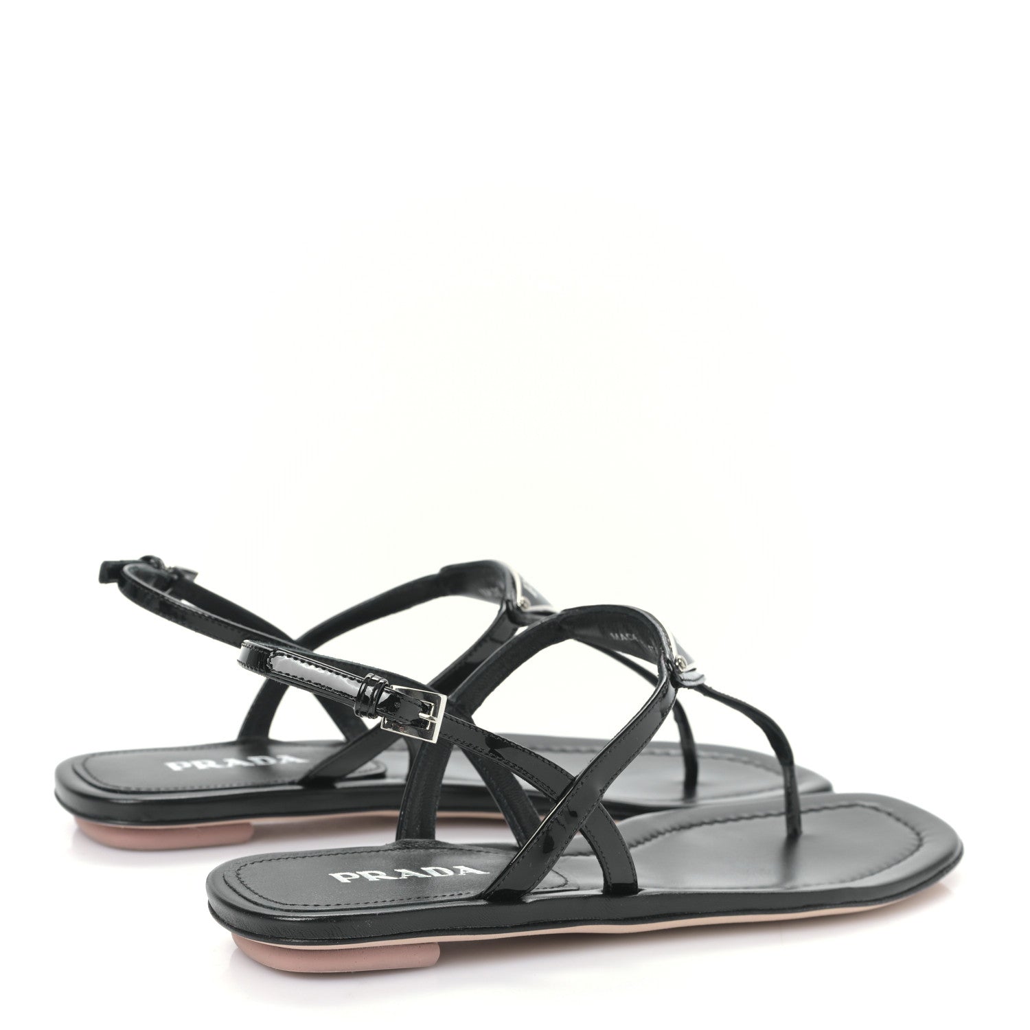 Prada Vernice Metal Triangle Logo Slingback Flat Thong Sandals 38.5 Black 4 of 7