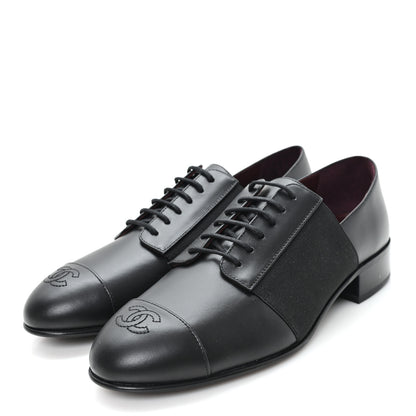 Chanel Calfskin Elastic Lace Up Cap Toe CC Loafers 37.5 Black 4 of 9