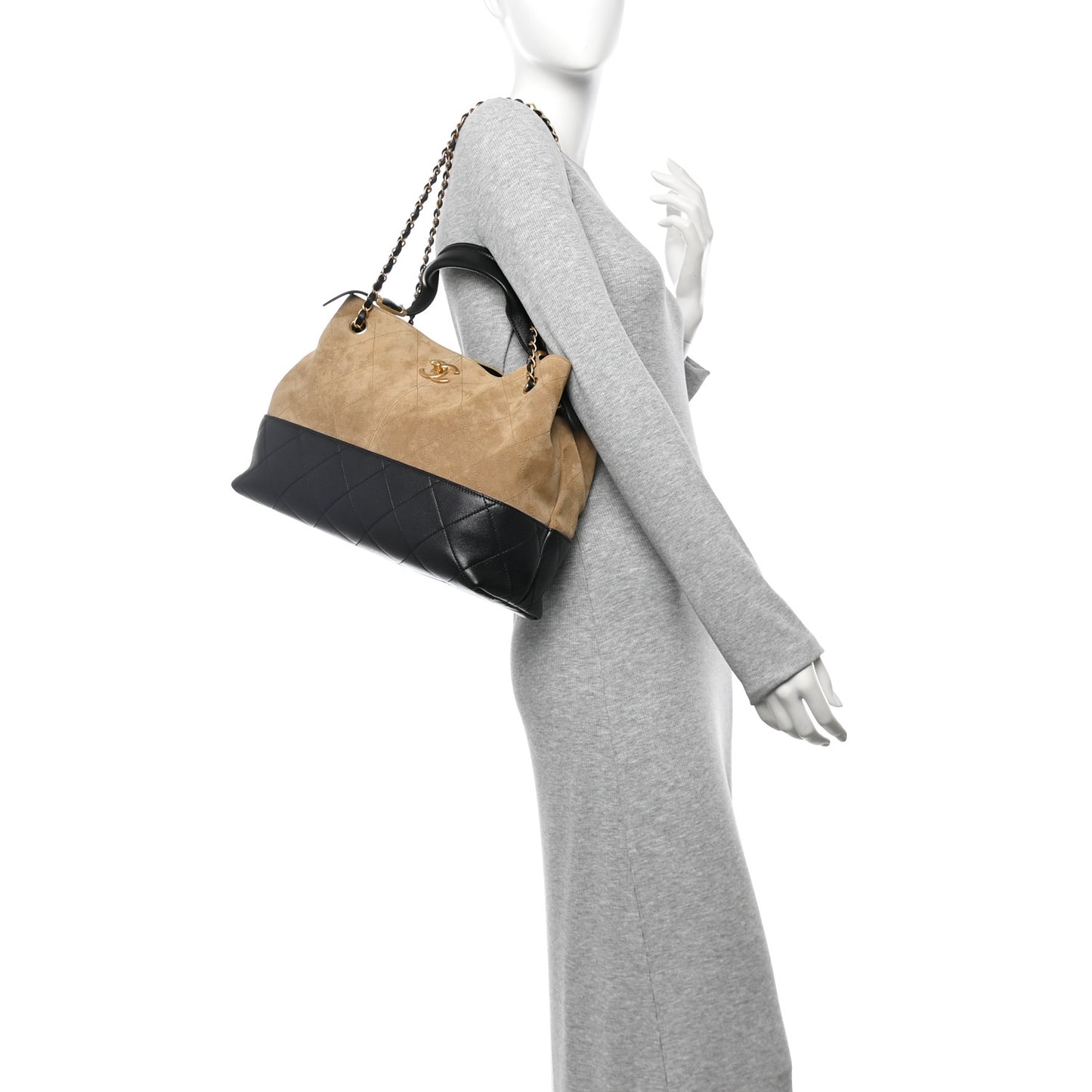 Suede Shiny Lambskin Quilted Small Shopping Bag  Beige Black