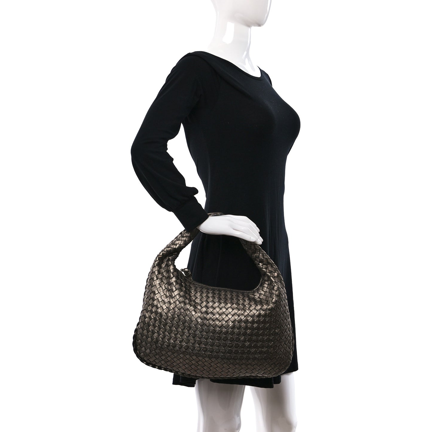 Metallic Nappa Intrecciato Medium Veneta Hobo Pewter