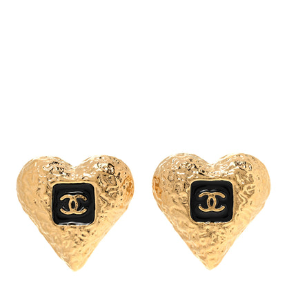 Chanel Metal Resin CC Heart Earrings Gold Black 1 of 5