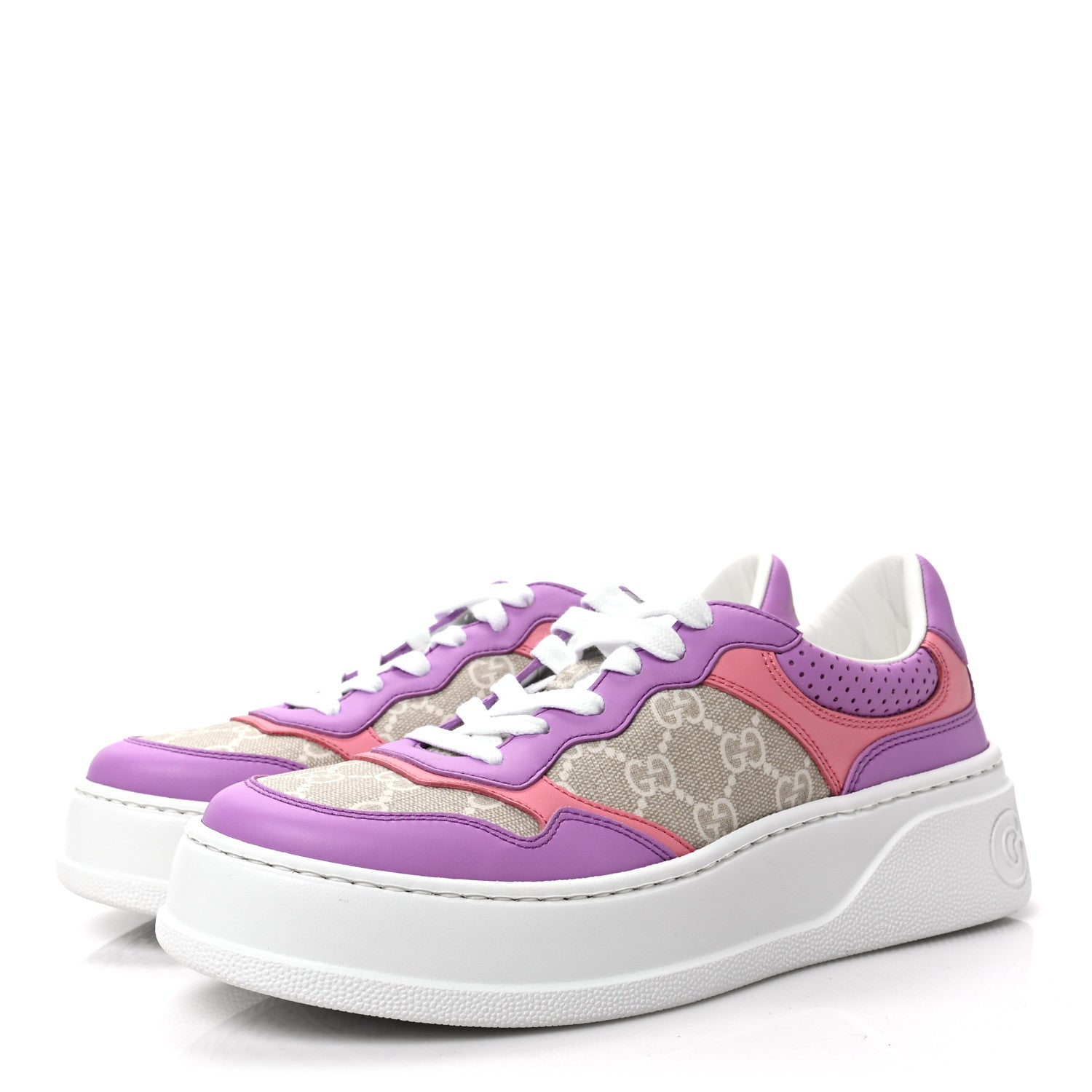 Gucci Calfskin GG Supreme Monogram Perforated Womens Platform 55mm Sneakers 38 Wild Cherry Beige Mystic White Bright Purple 3 of 8