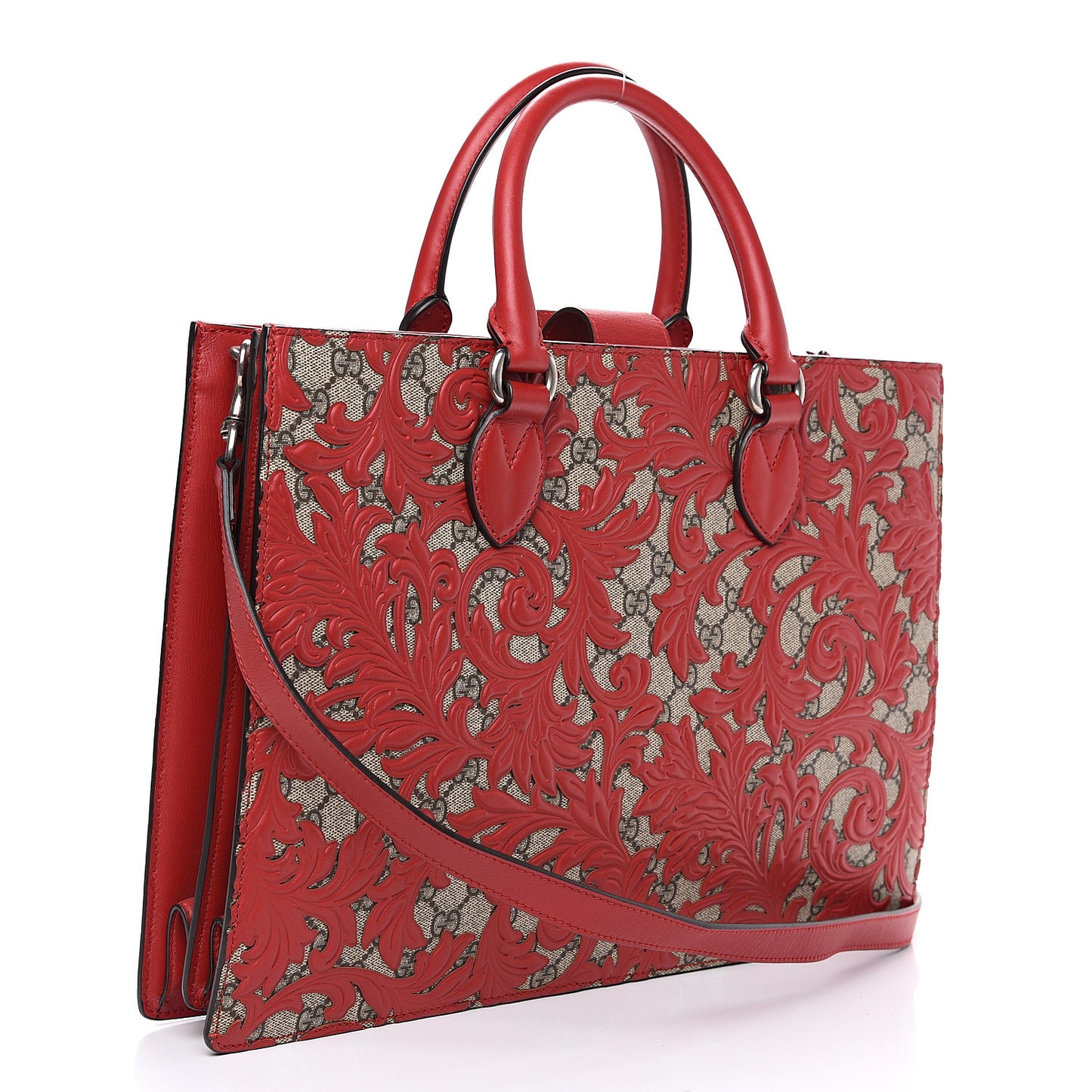 GG Supreme Monogram Arabesque Large Top Handle Bag Beige Hibiscus Red