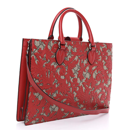 Gucci GG Supreme Monogram Arabesque Large Top Handle Bag Beige Hibiscus Red 2 of 9