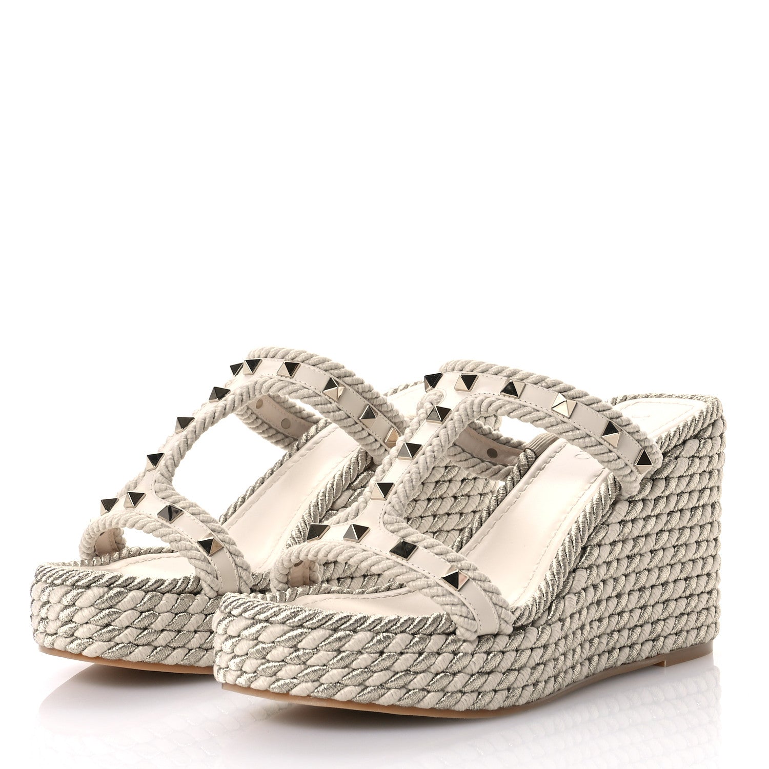 Valentino Garavani Calfskin Rockstud Torchon Espadrille Caged 25/95mm Wedge Sandals 38 Light Ivory 4 of 7