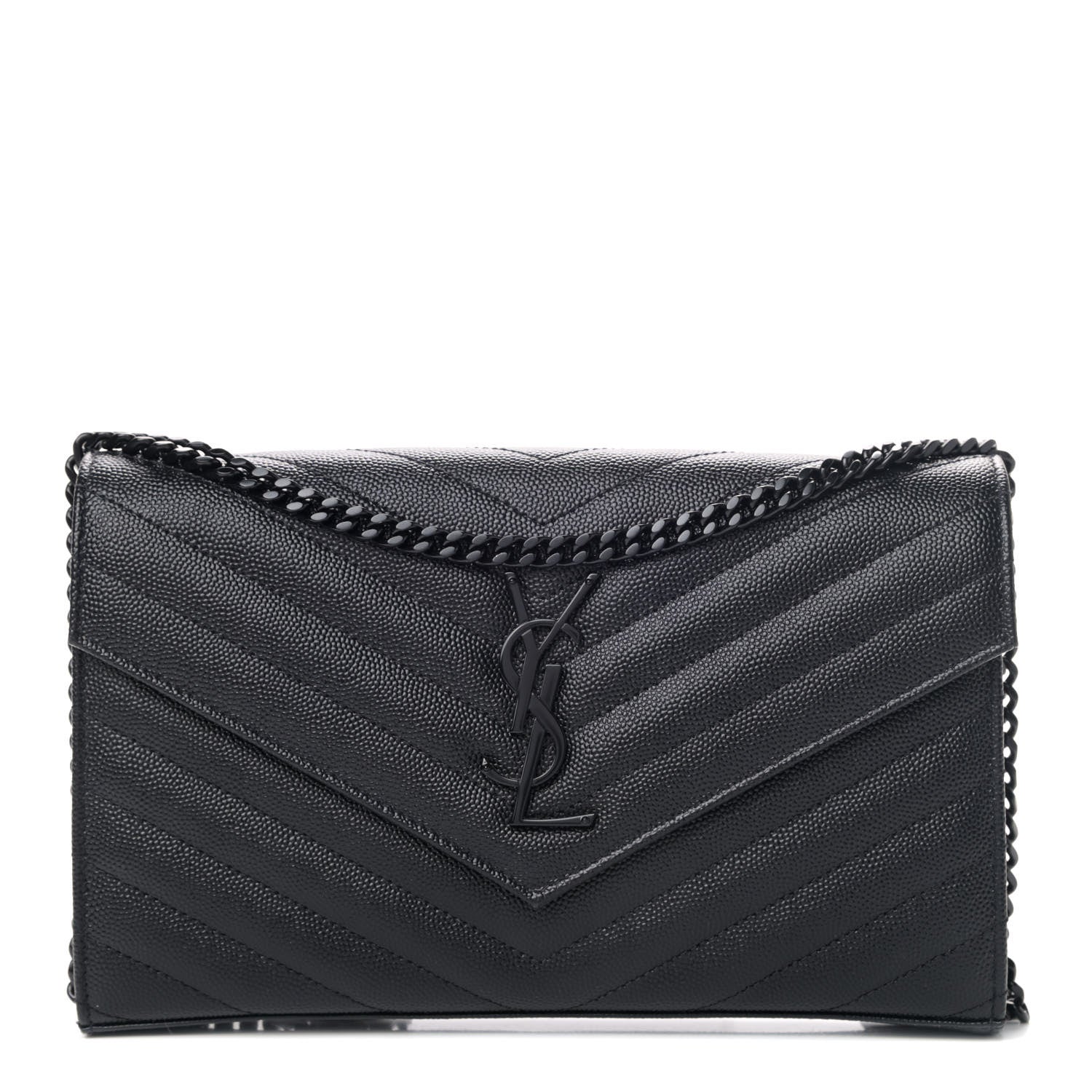 Saint Laurent Grain De Poudre Matelasse Chevron Monogram Chain Wallet Black 1 of 4