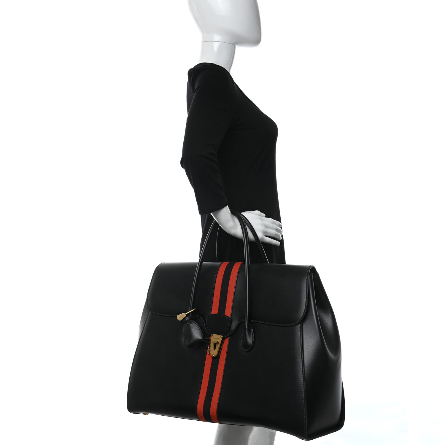 Gucci Plutone Calfskin Web Medium Turn Lock Top Handle Duffle Bag Black 2 of 13