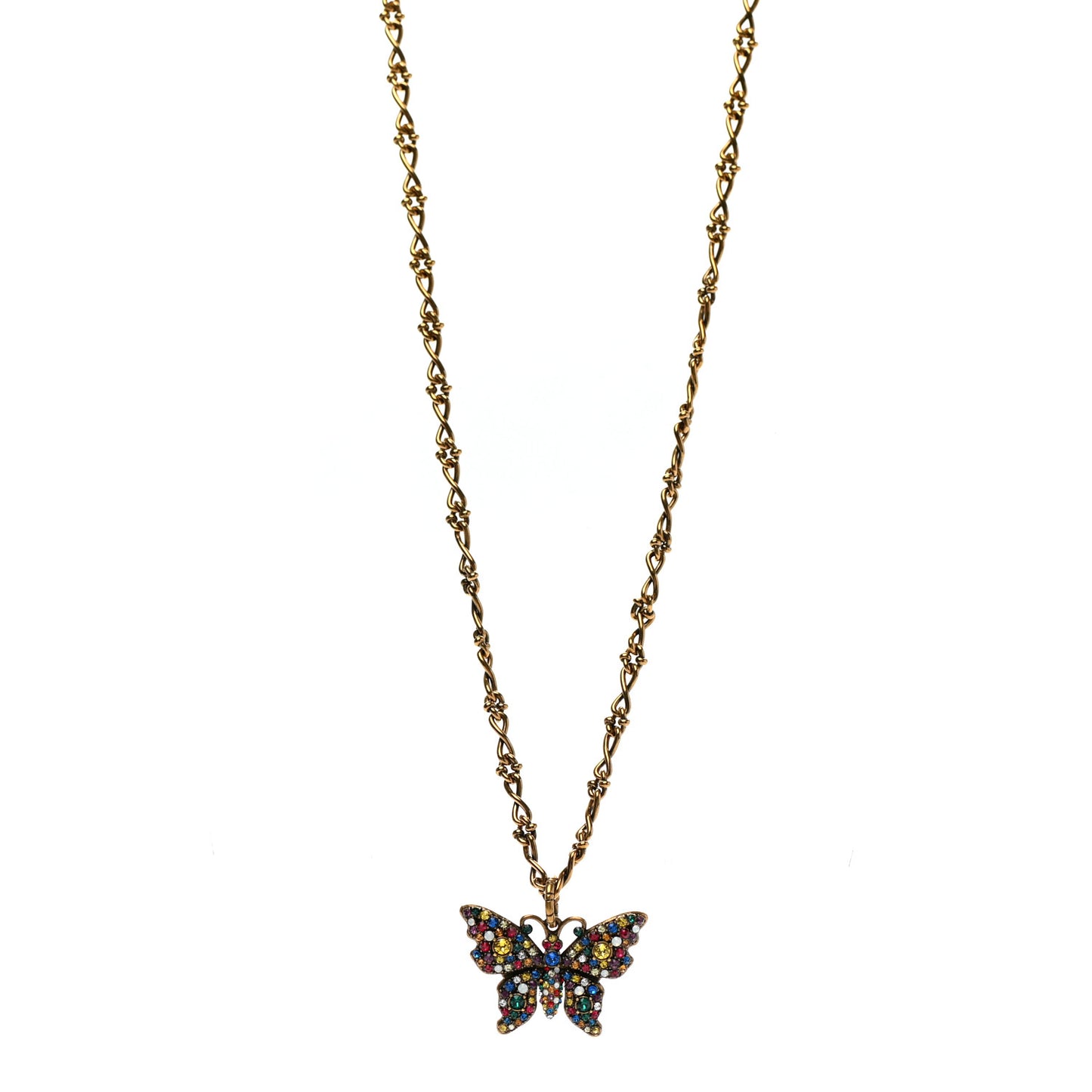 Metal Crystal Butterfly Necklace Aged Gold Multicolor