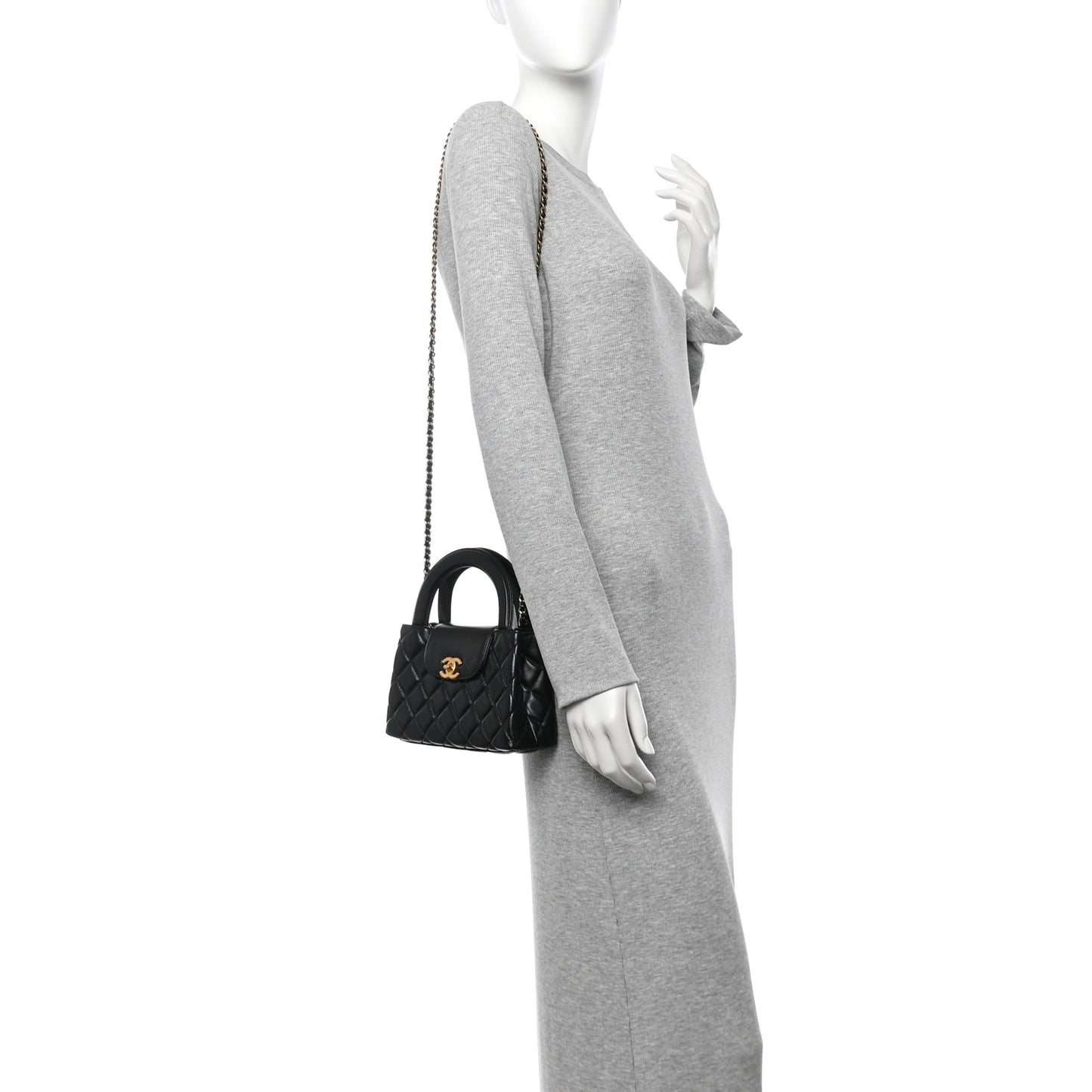 Shiny Aged Calfskin Quilted Nano Kelly Shopper Black