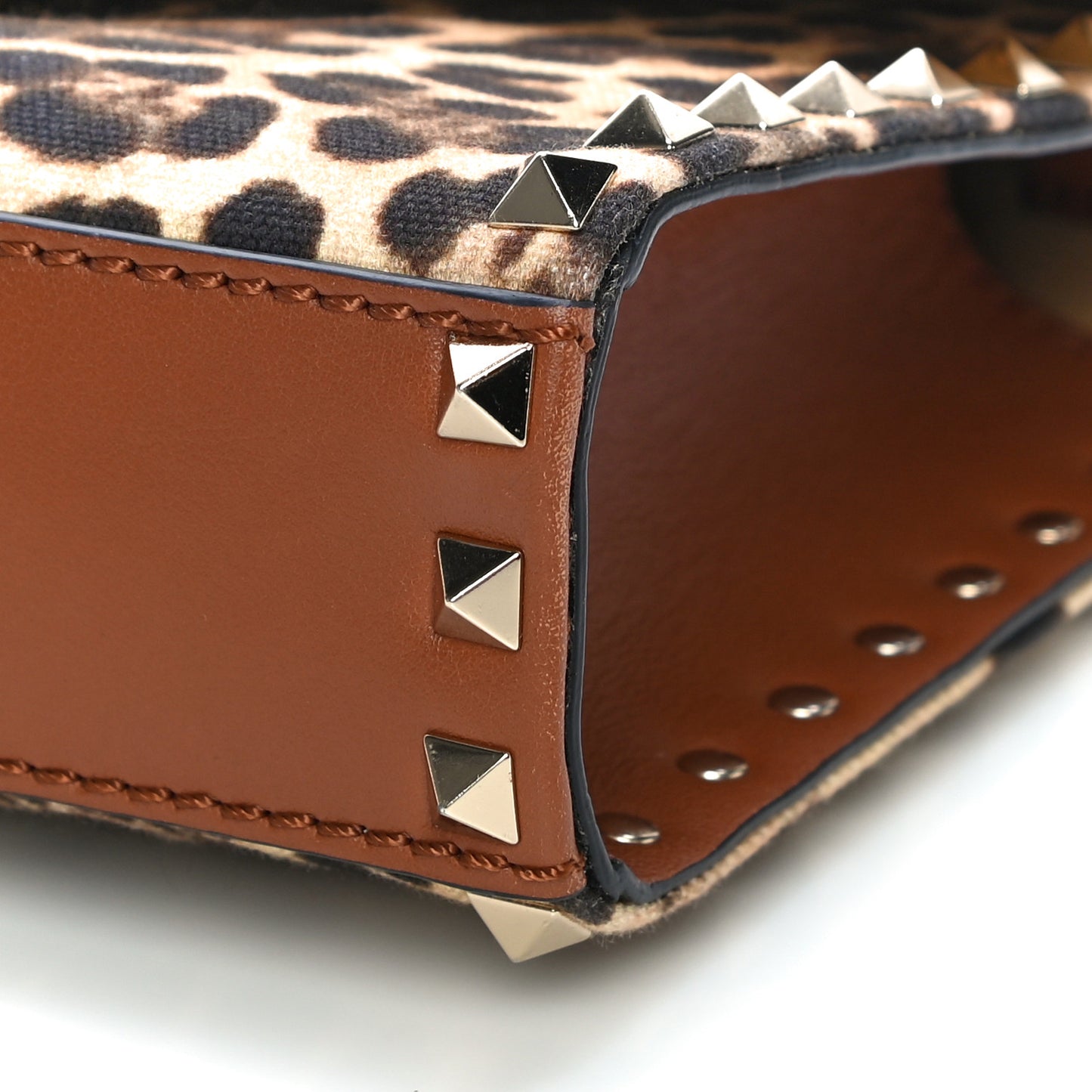 Calfskin Canvas Leopard Print Medium Rockstud Flip Lock Crossbody Bag Tan