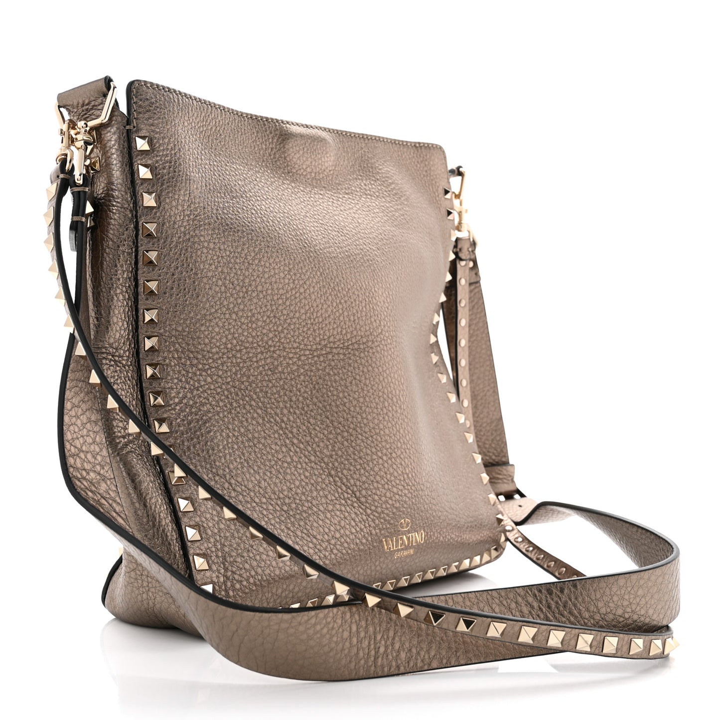 Metallic Pebbled Calfskin Large Rockstud Flip-Lock Messenger Bag Sasso