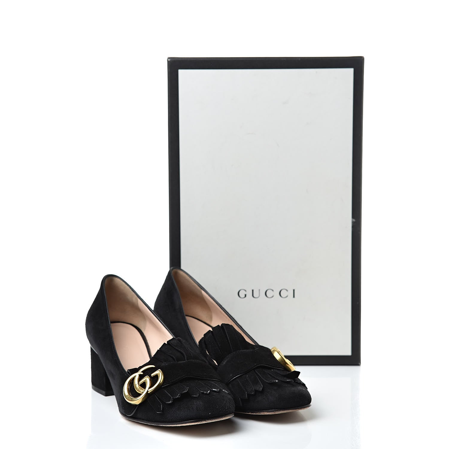 Gucci Kid Scamosciato GG Marmont Fringe 50mm Loafer Pumps 35.5 Black 14 of 14