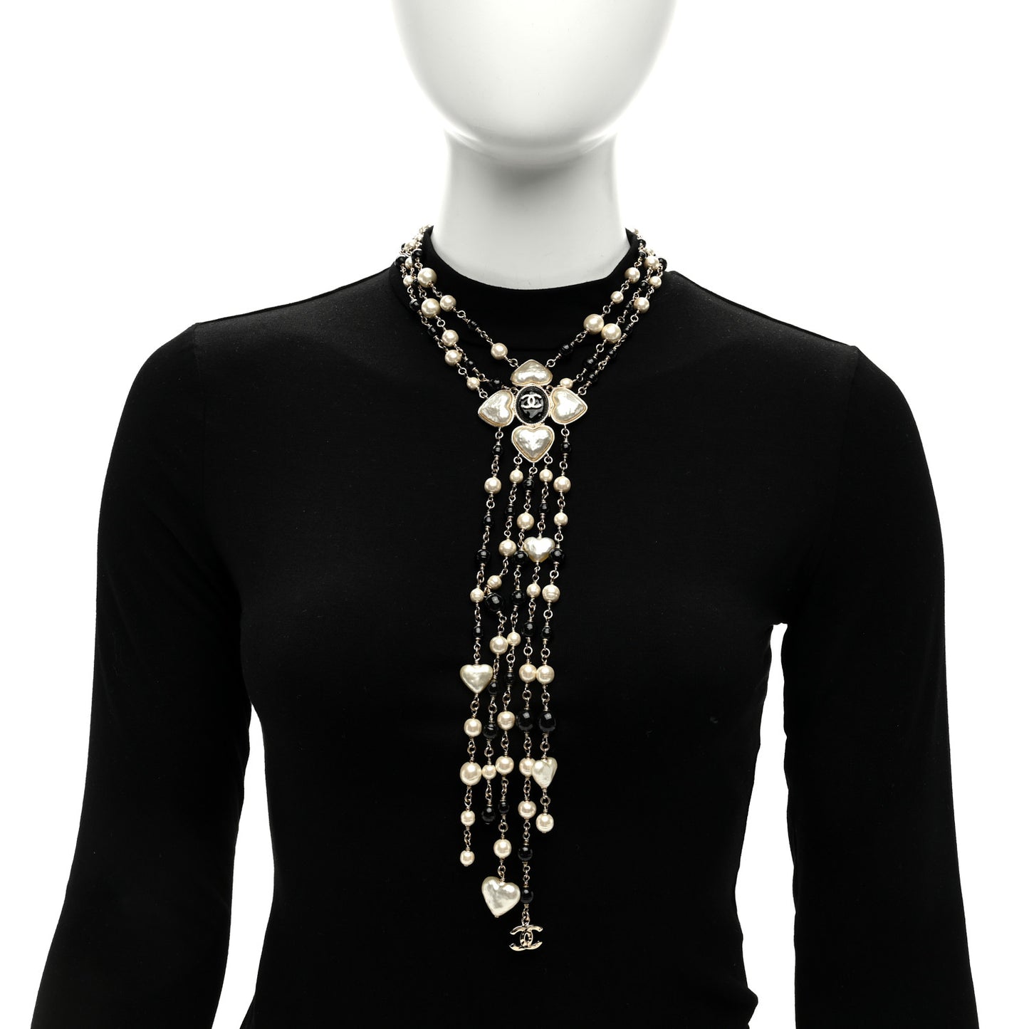 Pearl Bead Heart CC Long Multi Chain Necklace Gold Black