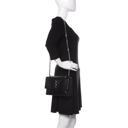 Saint Laurent Calfskin Crocodile Embossed Medium Monogram Sunset Black 2 of 10