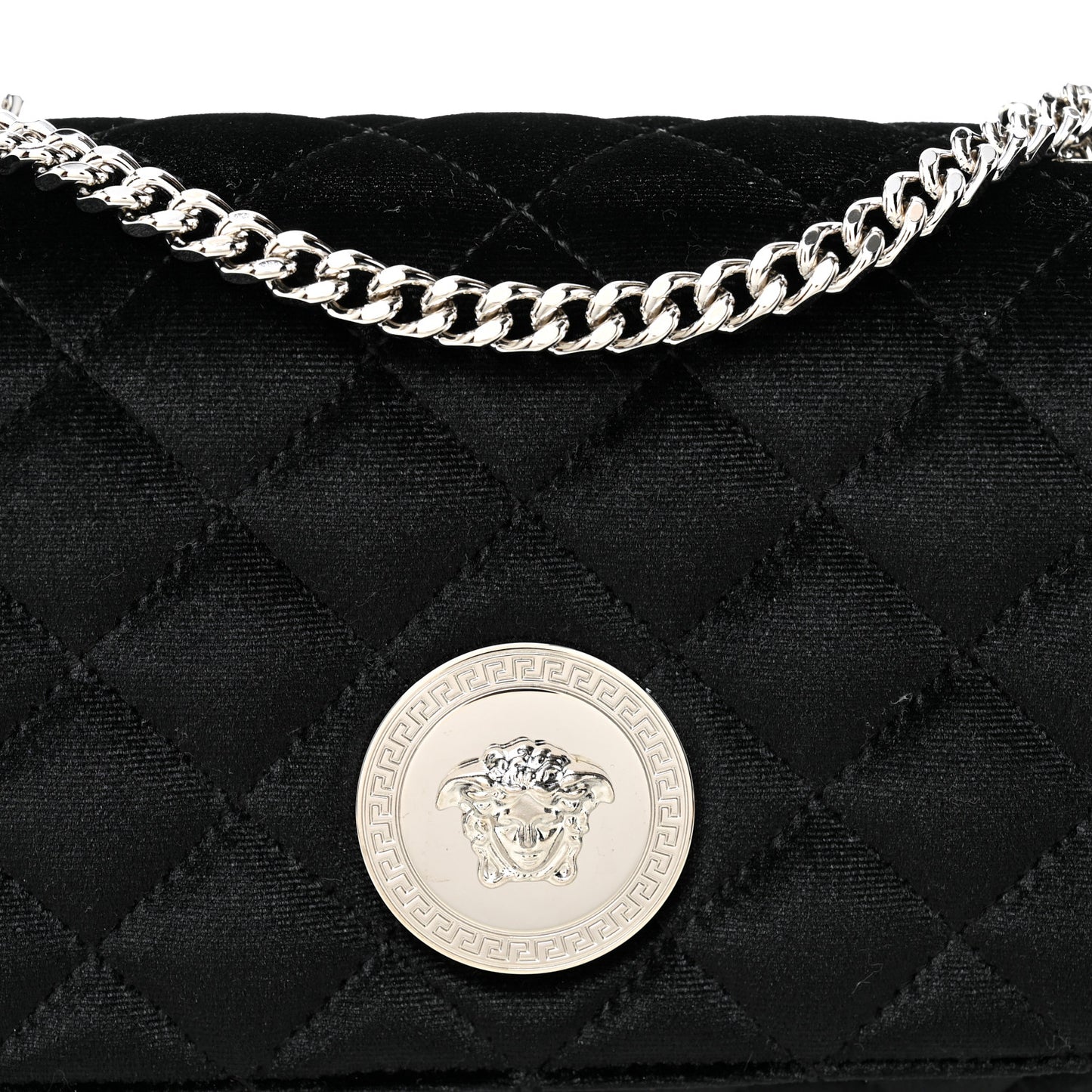 Velvet Quilted Medusa Chain Crossbody Black