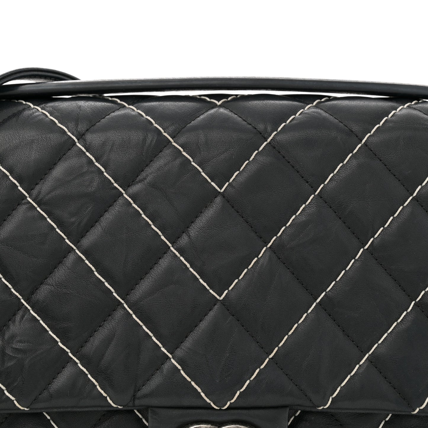 Aged Calfskin Chevron Stitched Quilted Flap Black