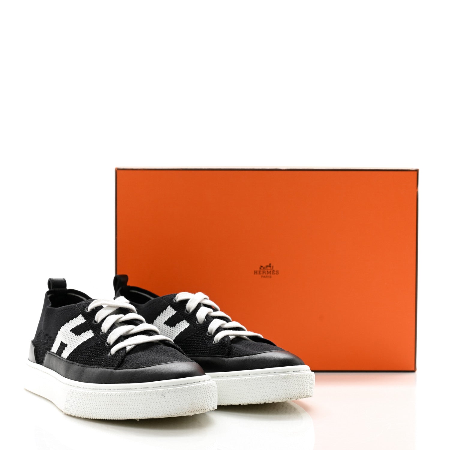 Hermes Knit Fabric Calfskin Deep Sneakers 39 Black White 11 of 11