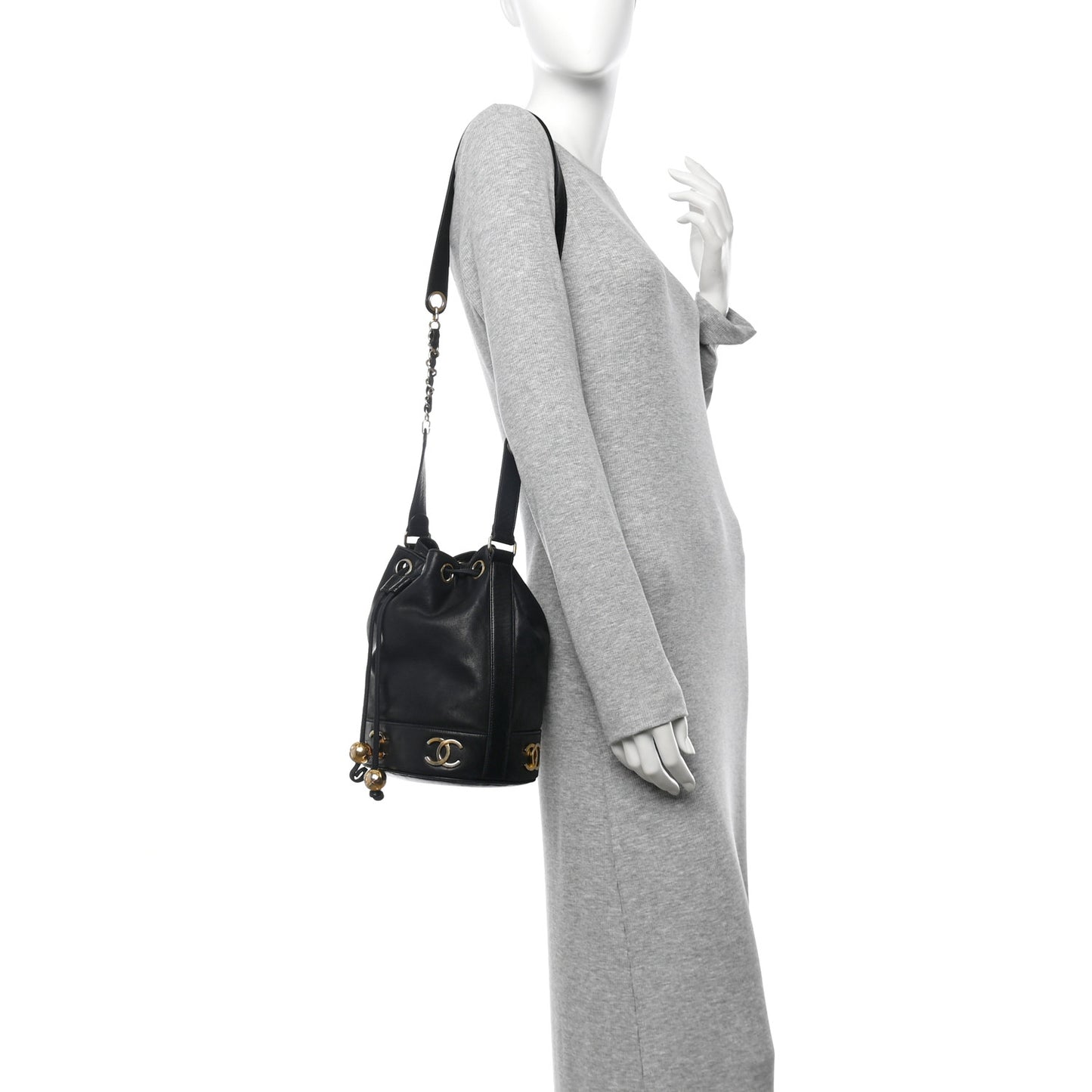 Lambskin CC Drawstring Shoulder Bag Black