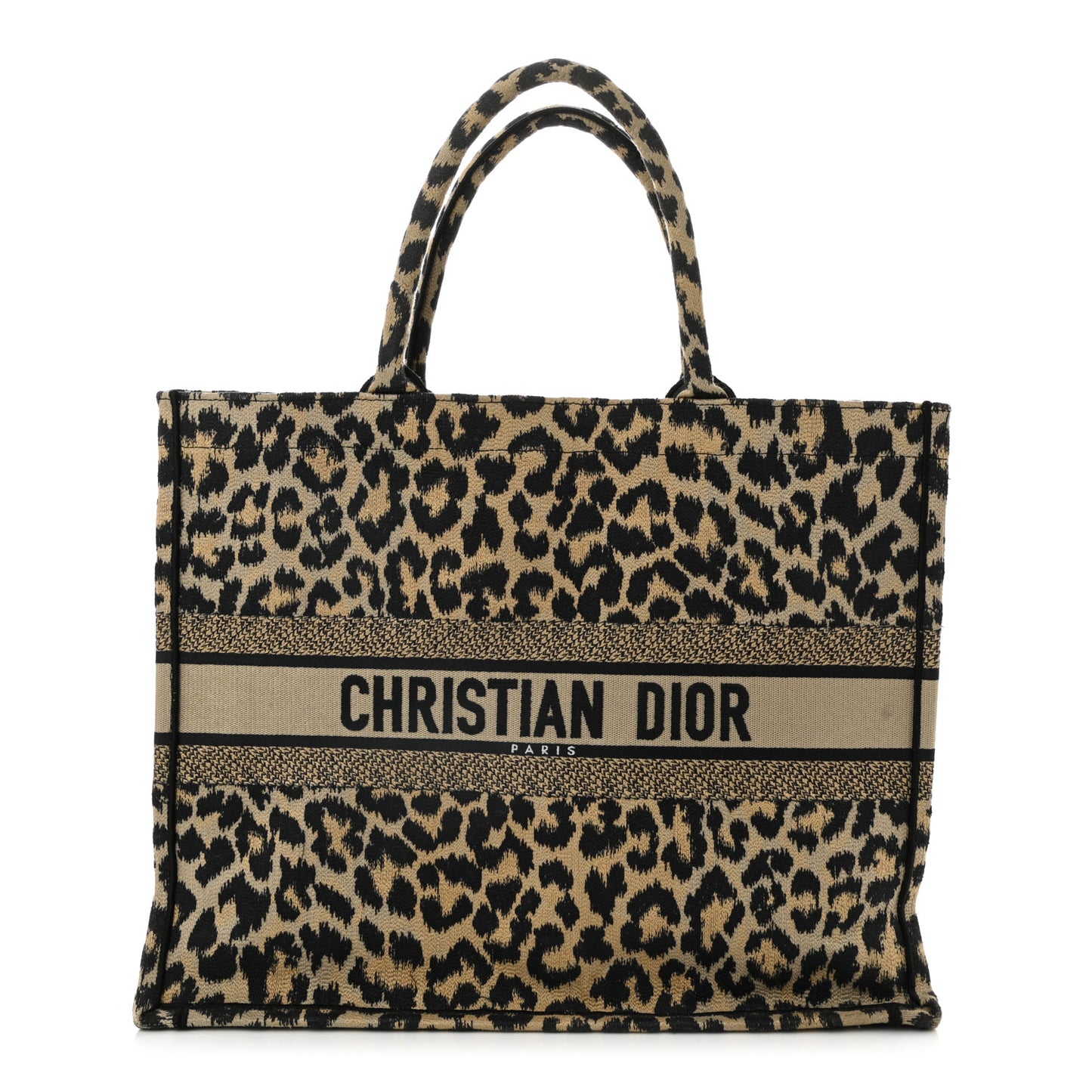 Canvas Mizza Embroidered Large Leopard Book Tote Beige