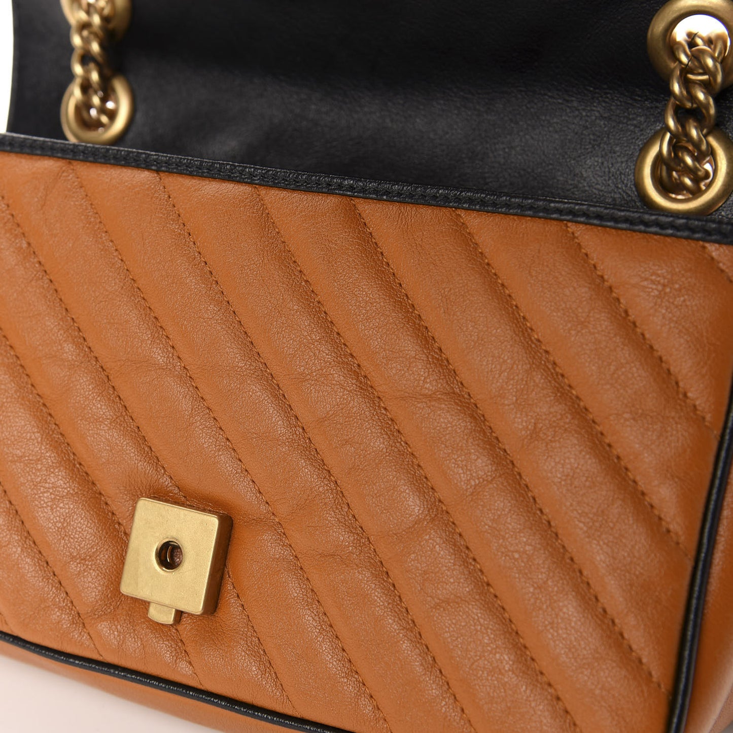 Vintage Effect Calfskin Matelasse Diagonal Small Torchon GG Marmont Shoulder Bag Cognac Black
