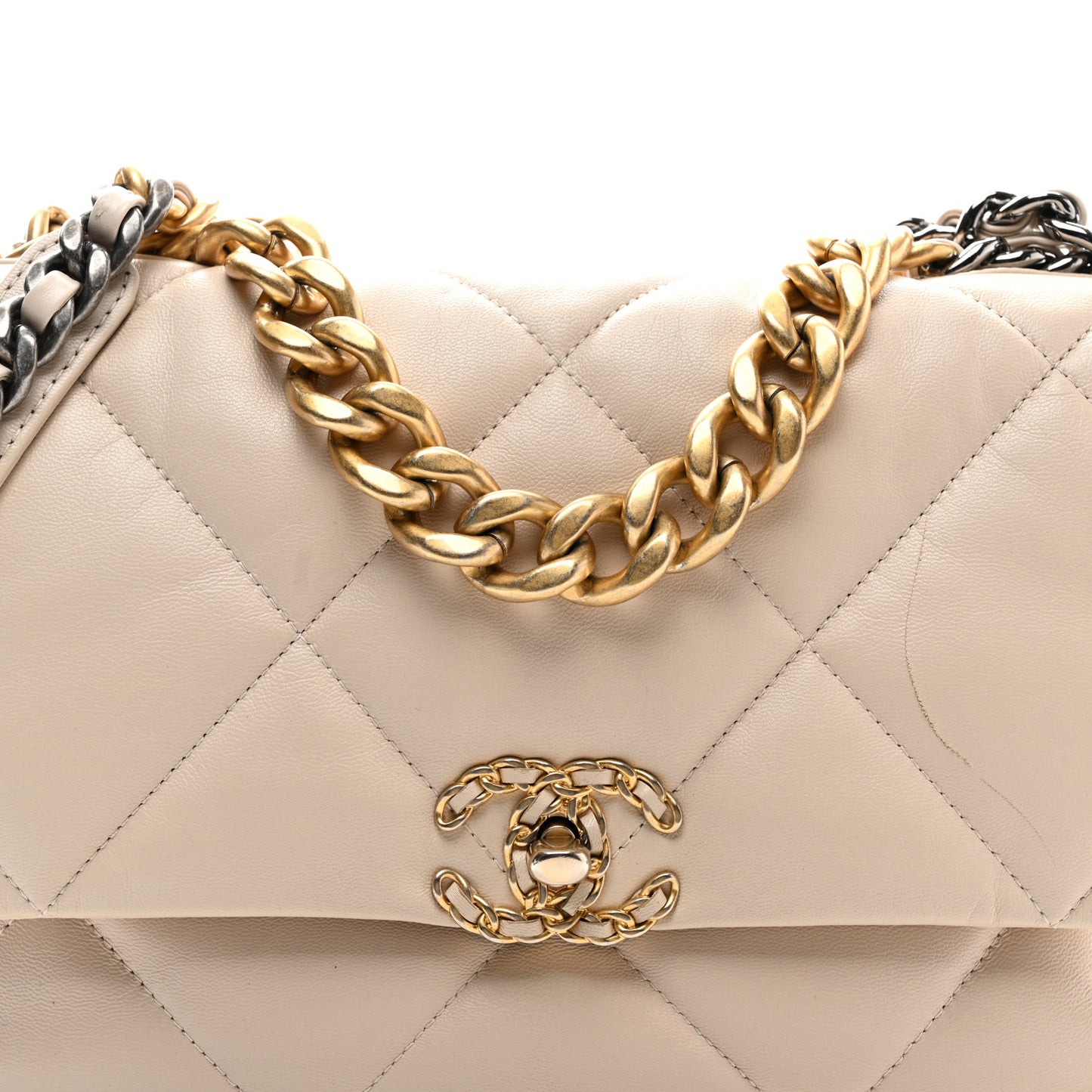 Goatskin Quilted Large Chanel 19 Flap Beige