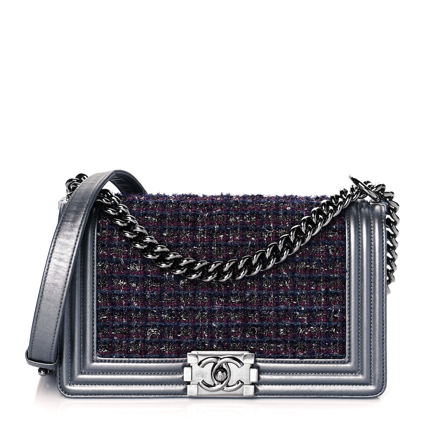 Tweed Metallic Lambskin Medium Boy Flap Silver